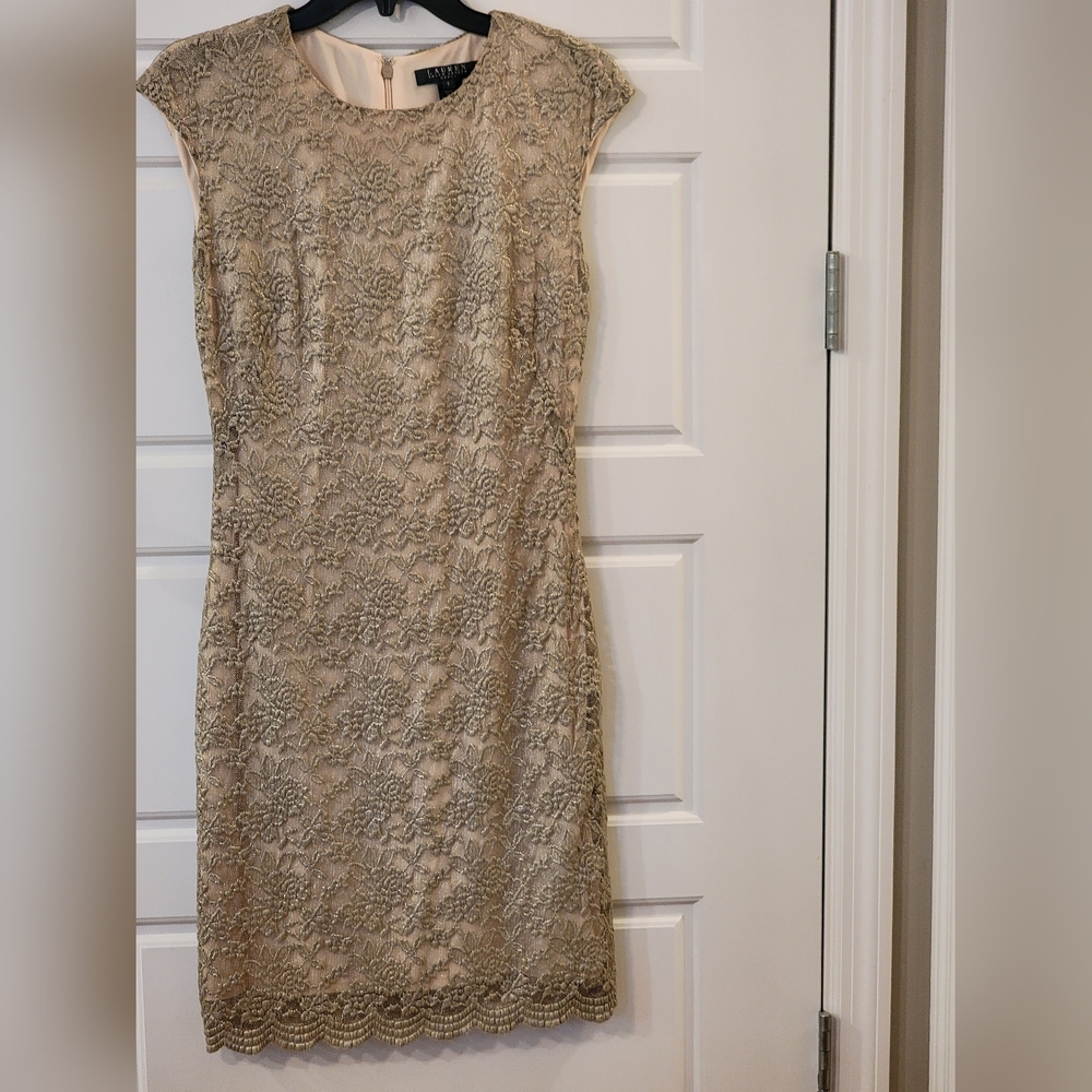 NWT Lauren Ralph Lauren Gold Lace Cap-Sleeve Sheath Dress Size 6 - Picture 5 of 12